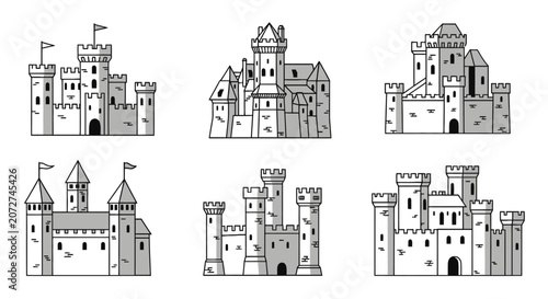 Quadro su tela Medieval castle icons set with various architectural styles