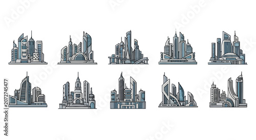 Canvastavla Set of futuristic city skyscraper clusters and urban designs