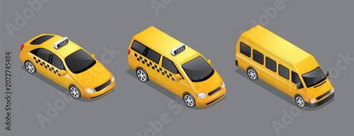 Obraz na plátne Isometric vector illustration set of yellow public transportation vehicles including taxi cabs and minibus