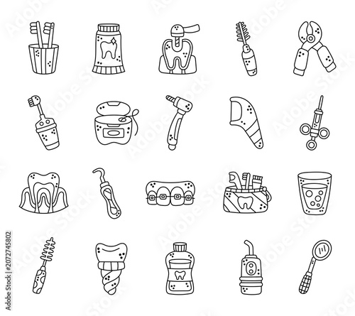 Dentistry set featuring toothbrush toothpaste implant braces syringe pliers scaler flosser irrigator mirror mouthwash glass drill floss anatomy hygiene restoration