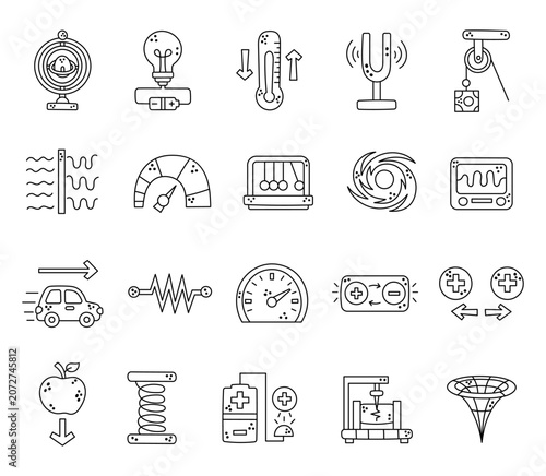 Physics set featuring armillary circuitry thermometry resonance pulleys diffraction radiation pendulums vortices oscilloscopes waveforms speedometers currents magnetism gravitation hydraulics funnels