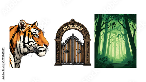 Canvastavla Tiger Entrance to Sanctuary: A majestic tiger's head is juxtaposed with ornate gates leading into a lush, green forest sanctuary, hinting at a wild and protected habitat