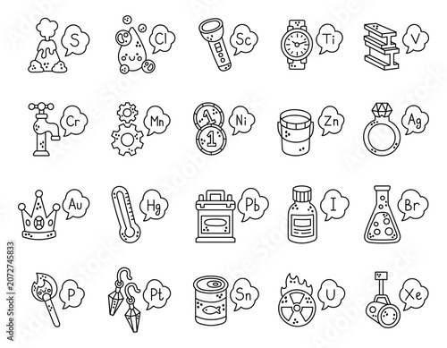 Chemical set featuring sulfur volcano chlorine flashlight wristwatch faucet gear coin bucket ring crown thermometer battery flask matchstick radiation spotlight
