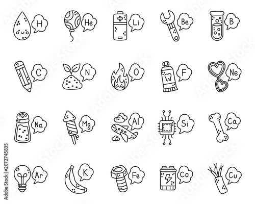 Chemical set featuring water, banana, pencil, battery, airplane, firework, microchip, fire, toothpaste, balloon, heart, wrench, test tube, fertilizer, bulb, bone
