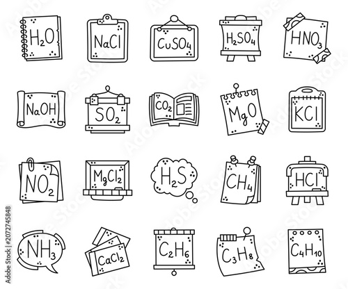 Chemical compound set featuring formulas water sodium chloride copper sulfate sulfuric nitric acid hydroxide dioxide oxide methane propane butane ammonia
