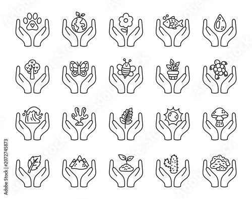 Nature ecology icon set featuring paw earth flower fish droplet tree butterfly bee cloud turtle wave coral leaf sun mushroom
