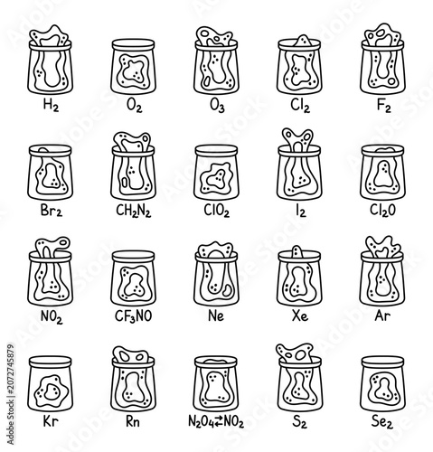 Chemistry gas molecule formula set featuring hydrogen oxygen ozone chlorine fluorine bromine diazomethane iodine neon xenon argon krypton radon sulfur