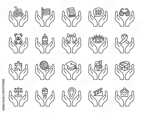 Inclusion support icon set featuring wheelchair flag book dialogue glasses teddy bottle friendship eye ribbon puzzle yarn graduation cap embrace package balance microphone hearing ramp