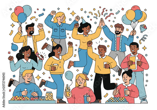 Photos A colorful cartoon illustration of a diverse group of people celebrating