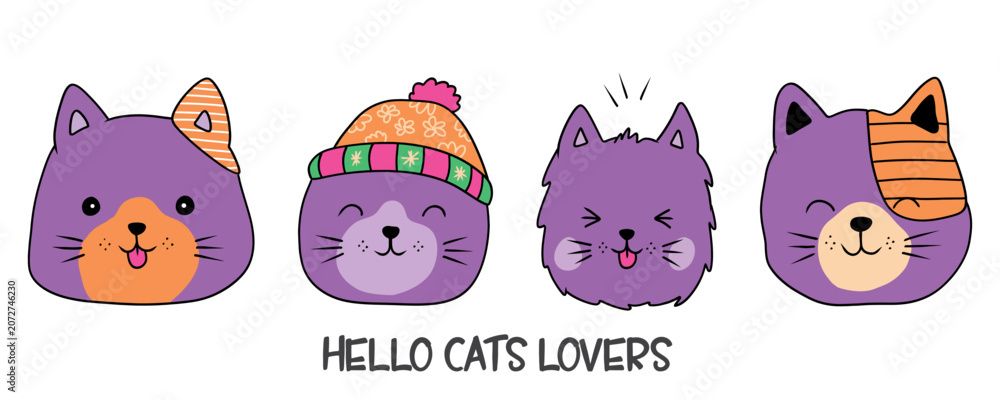 Fototapeta premium Cute cat faces design seamless pattern with cute colorful head cats. Different scandy cats on color background. Scandinavian style illustration for kids