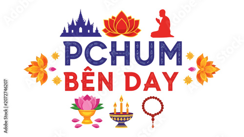 Canvastavla Pchum Ben Festival: A vibrant graphic celebrating Pchum Ben, a significant Cambodian Buddhist festival honoring ancestors, featuring iconic imagery like pagodas, lotus flowers, a praying monk