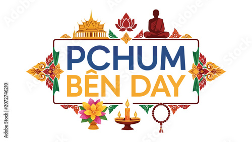 Cuadro en lienzo Pchum Ben Day Celebration: A vibrant graphic artwork for Pchum Ben Day, featuring cultural symbols such as a pagoda, lotus flowers, a meditating monk, candles, and prayer beads