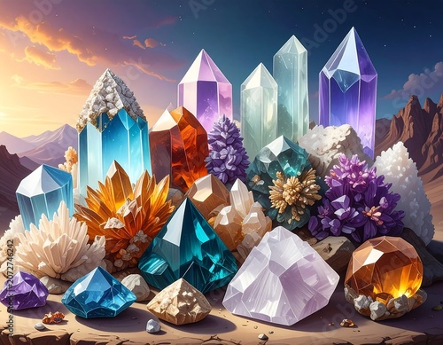 Collection of vibrant natural crystal formations and gemstones