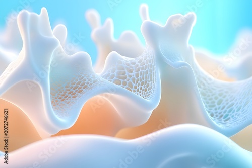 Abstract digital illustration presents several ethereal light blue and white structures with intricate ruffled edges and long wispy tendrils