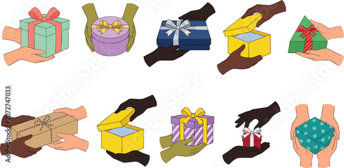 Diverse hands giving receiving and opening colorful holiday gift boxes with ribbon flat vector illustration icon set