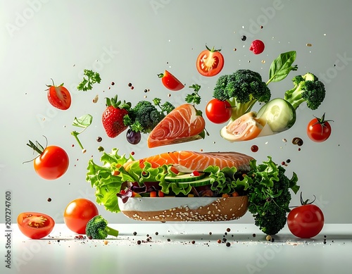 Delicious salmon sandwich with fresh vegetables.