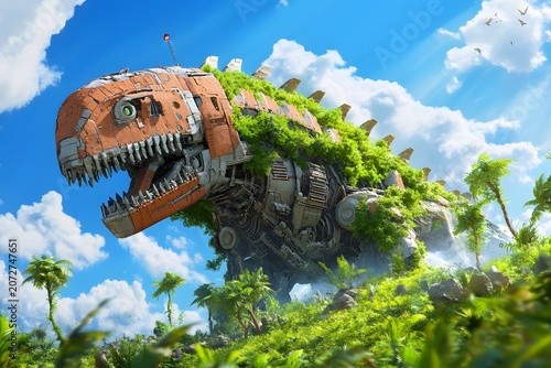 Fantasy landscape illustration showing a towering mechanical dinosaur primarily composed of metal and structures with significant organic overgrowth