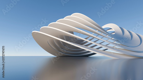 Fényképezés Futuristic abstract structure with graceful white curved layers and reflective g