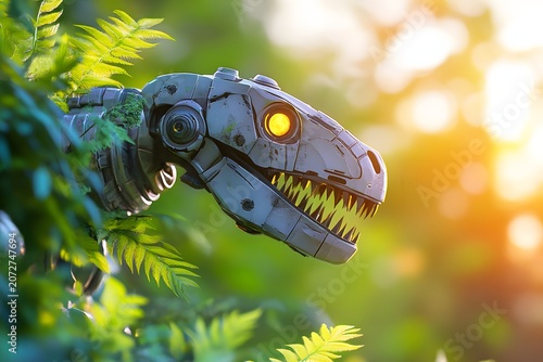 Fantasy landscape illustration showing a towering mechanical dinosaur primarily composed of metal and structures with significant organic overgrowth