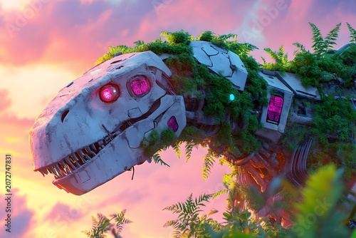 Fantasy landscape illustration showing a towering mechanical dinosaur primarily composed of metal and structures with significant organic overgrowth