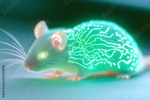 Mythical rat with glowing features is the subject of this artwork, its body covered in turquoise fur interwoven with bright green glowing markings resembling veins or circuitry