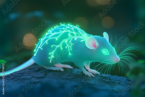 Mythical rat with glowing features is the subject of this artwork, its body covered in turquoise fur interwoven with bright green glowing markings resembling veins or circuitry