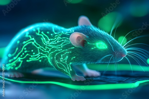 Mythical rat with glowing features is the subject of this artwork, its body covered in turquoise fur interwoven with bright green glowing markings resembling veins or circuitry