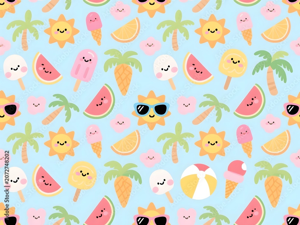Obraz premium Summer Greeting Seasons Seamless Pattern with Mini Tropical Fun and Cute Vacation Icons