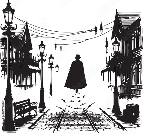 Vintage Victorian Silhouette Art: Mysterious Cloaked Figure on Cobblestone Street Vector Graphic