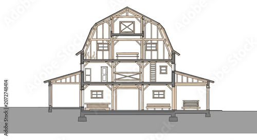 Bild auf Leinwand Gambrel barn architectural structural cross section plan