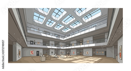 Fotografie Spacious modern art gallery interior with skylight and atrium
