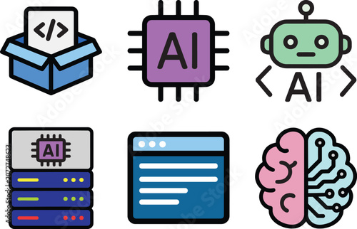 Artificial Intelligence and Machine Learning Icons set Flat