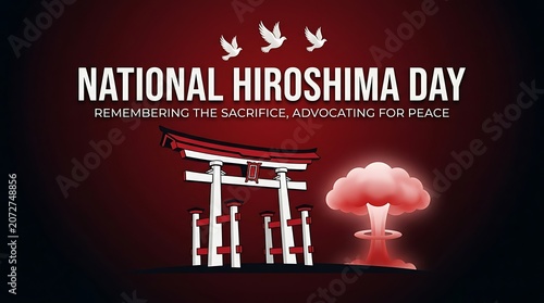 National Hiroshima Day tribute illustration with torii gate and peace doves remembering sacrifice