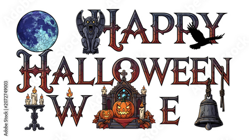 Foto Spooky Halloween Greetings: A compilation of classic Halloween imagery, including a glowing jack-o'-lantern, a full moon, a gargoyle, a raven, candles, and a bell