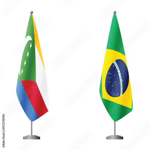 Canvastavla Comoros and Brazil flags on flagpoles for official ceremonies and meetings, tran