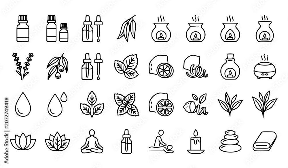 Fototapeta premium Essential Oils Outline Icon Set for Wellness and Spa Vector