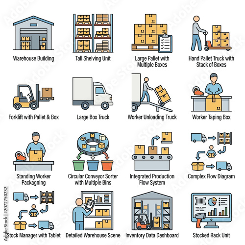 Warehouse Operations Icons With Warehouse Building With Tall Shelving Unit