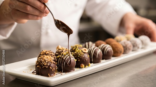 Chocolatier hands meticulous delicately carefully drizzling melted chocolate over a row of truffles, captivating professional artistry action, World Chocolate Day See Less