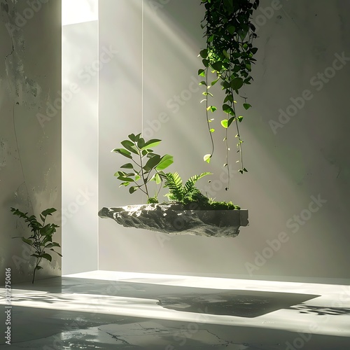 Indoor hanging plant on concrete wall.