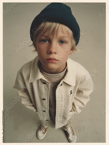 Stylish Child Portrait in Beanie with Minimal Neutral Background