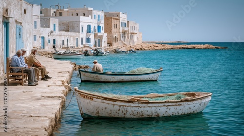 Sunny Tropical Coastline with Palm Trees and Boats by the Sea