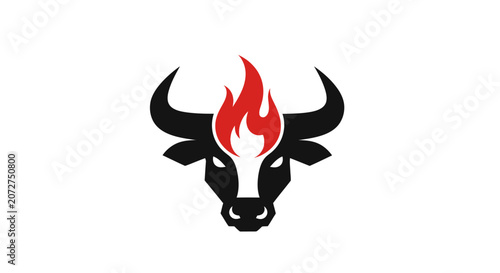 Photography Stylized black and red bull emblem with a flame design on its forehead
