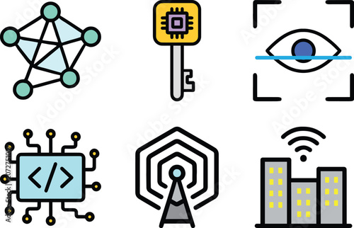Cyber Security and Smart Network Technology Icons Set Flat