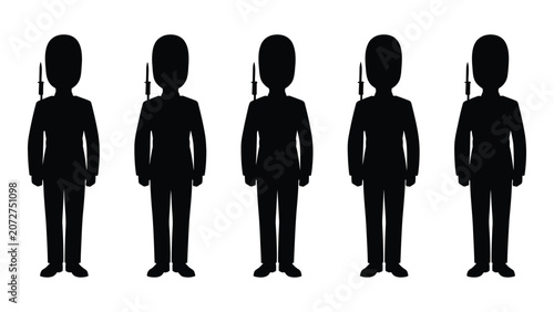 Black silhouettes of five soldiers standing in a row