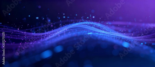 Abstract background with flowing purple and blue digital particles and bokeh lights, representing technology and data