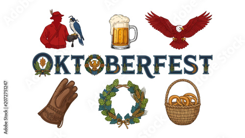 Billede på lærred Oktoberfest Celebration Elements: A collection of iconic Oktoberfest symbols, including a falconer with a falcon, a mug of frothy beer, a majestic eagle, a pair of leather gloves, a laurel wreath
