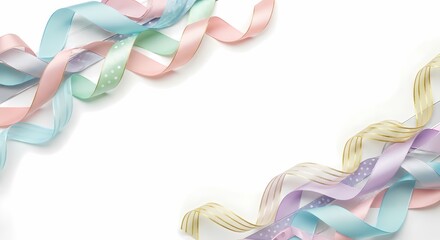 Decorative pastel ribbons curling in corners on white background.