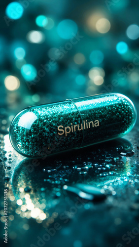 Focus on a spirulina capsule placed on a wet surface surrounded by shimmering blue lights in a dimly lit setting during evening hours