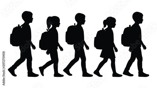 Silhouette of people walking in a row with backpacks