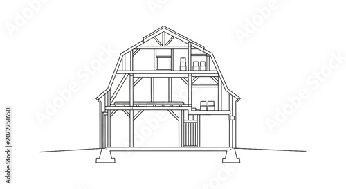 Bild auf Leinwand Architectural cross section of a traditional timber frame barn